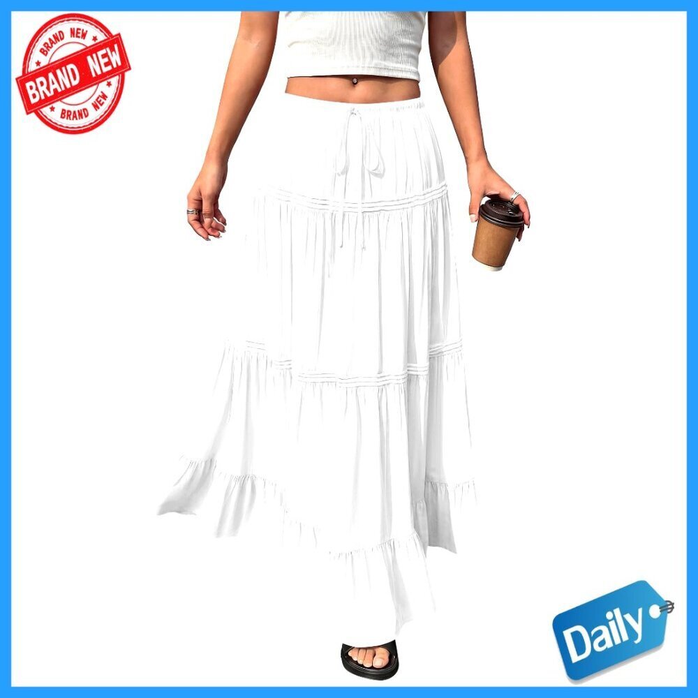 High Waisted Pleated Maxi Skirt, Elastic Drawstring, Boho Beach Vacation